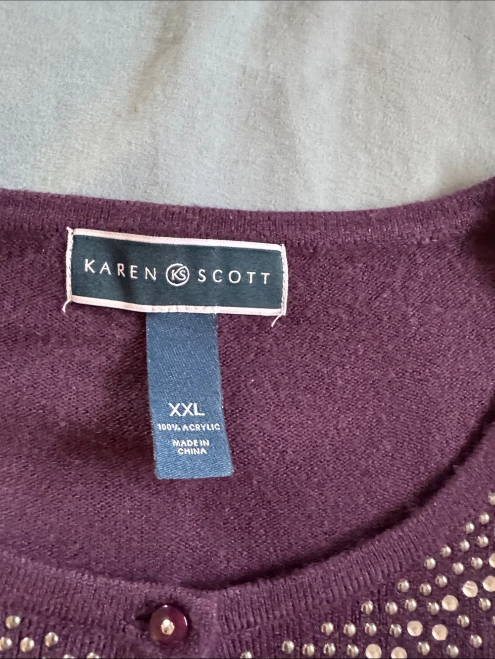 Karen Scott Plum Beaded Neckline Button-Front Cardigan - Picture 2 of 4